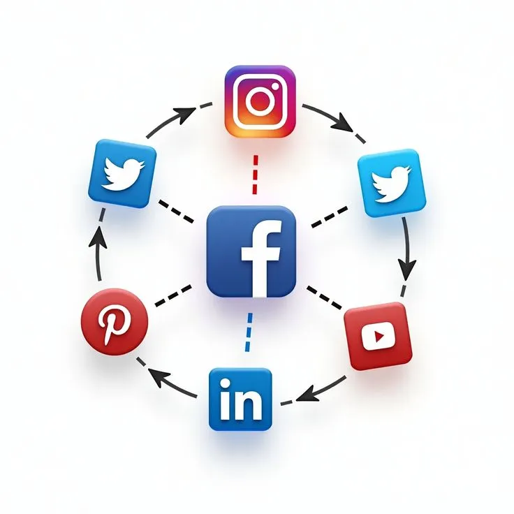 Digital Marketing Services in Kasaragod illustration showing Facebook connected with Instagram, X (Twitter), YouTube, Pinterest, and LinkedIn, representing social media marketing, brand promotion, and online business growth.